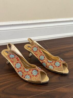 Never worn Gold Beaded Slingback Heels with Red & Turquoise Floral Accents